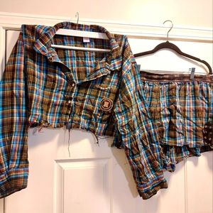 Savage X Fenty Plaid Tied Tartan Raw Hem Crop Pajama Top & Shorts Sz. 1x